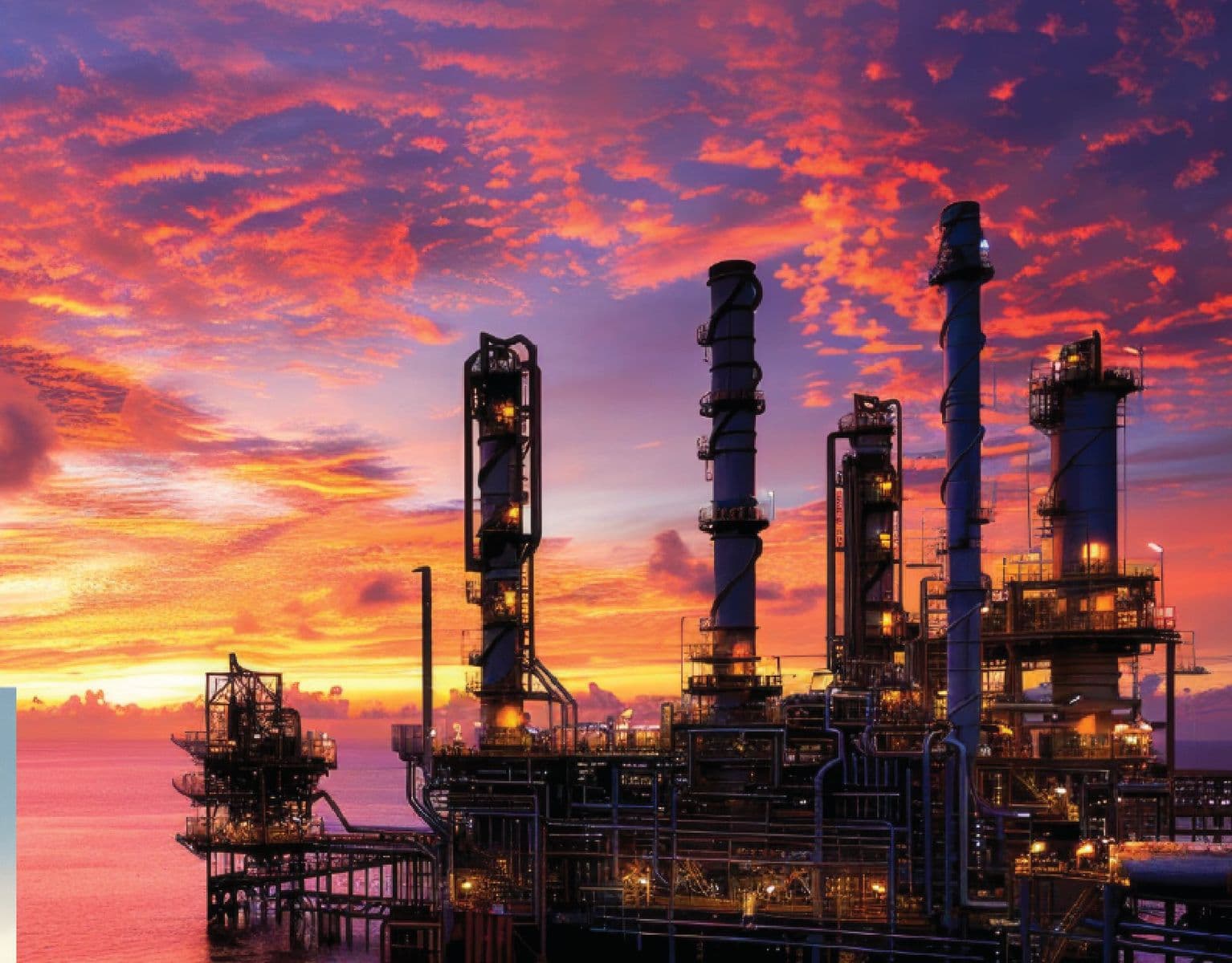 Oil and gas refinery at dusk with industrial structures